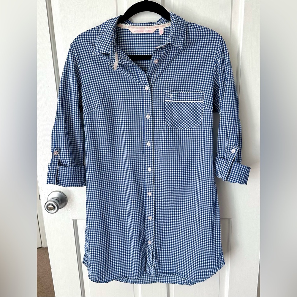 Victoria’s Secret Blue Gingham Button Down Shirt Dress Sleep Lounge Size S